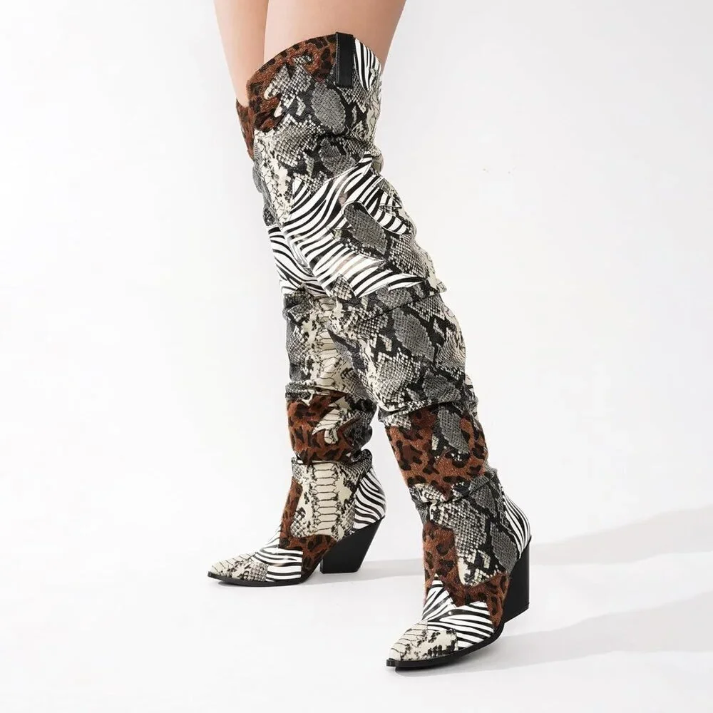Cape Robbin Women's Animal Print Polyurethane Thigh High Block Heels Cowboy Boot